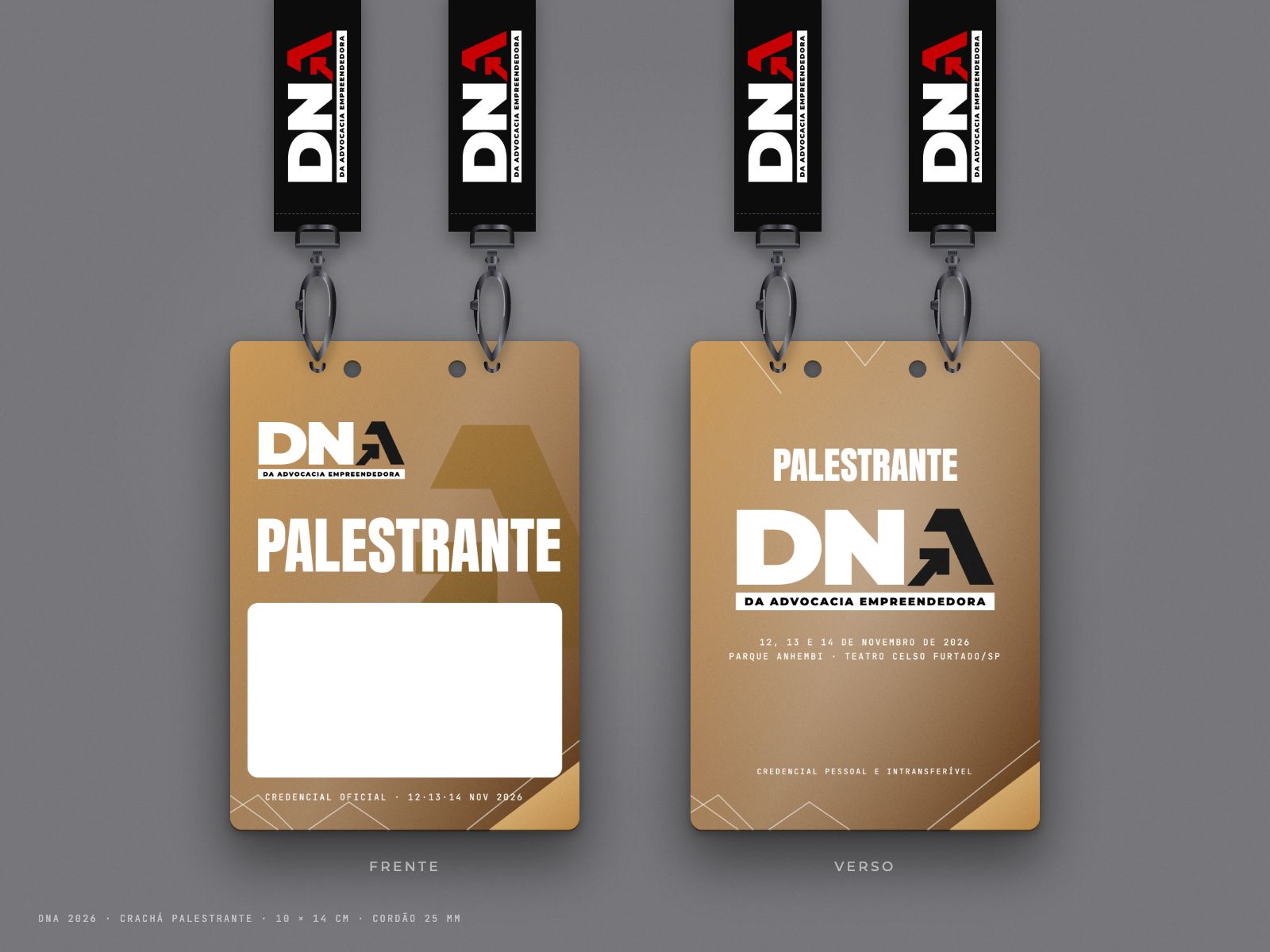 Mockup do crachá Palestrante, frente e verso, dourado