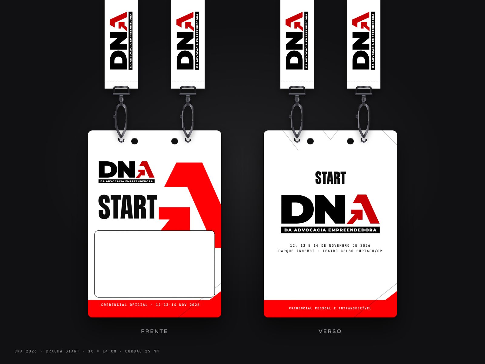 Mockup do crachá Start, frente e verso, no cordão branco
