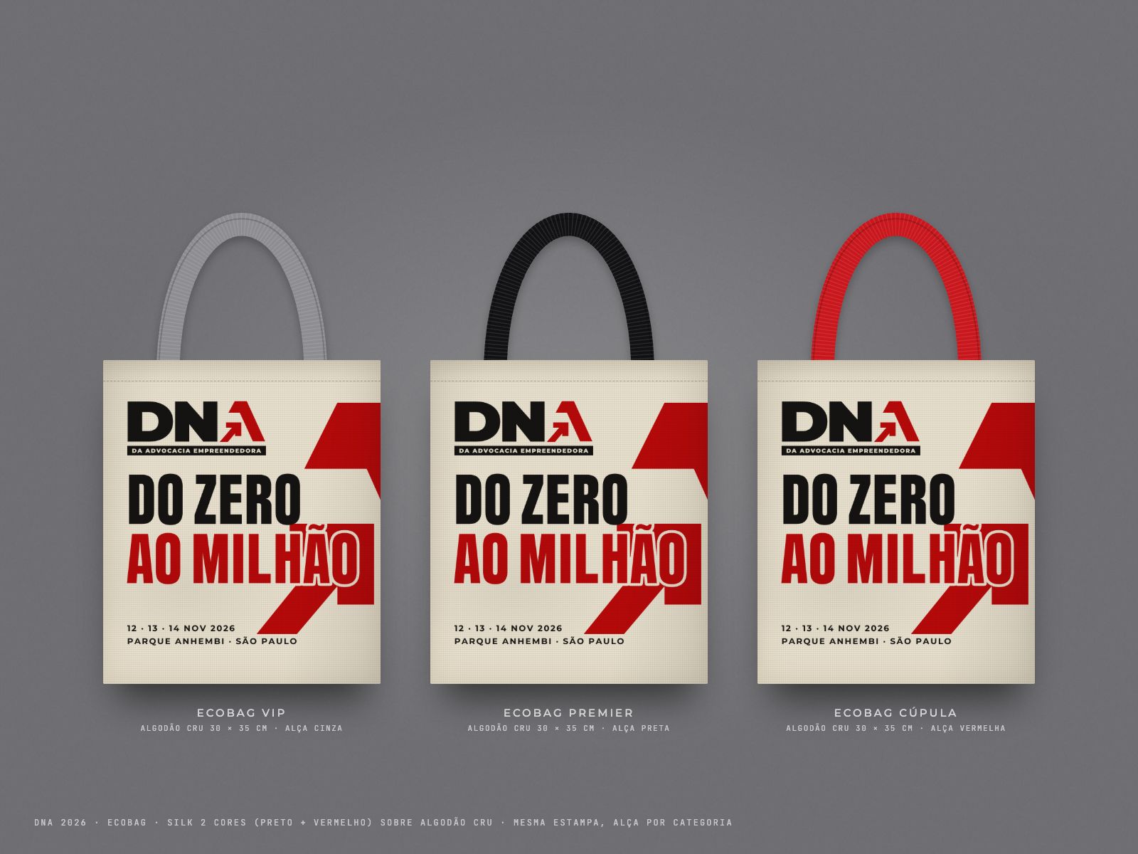 Três ecobags com a mesma estampa e alças cinza, preta e vermelha